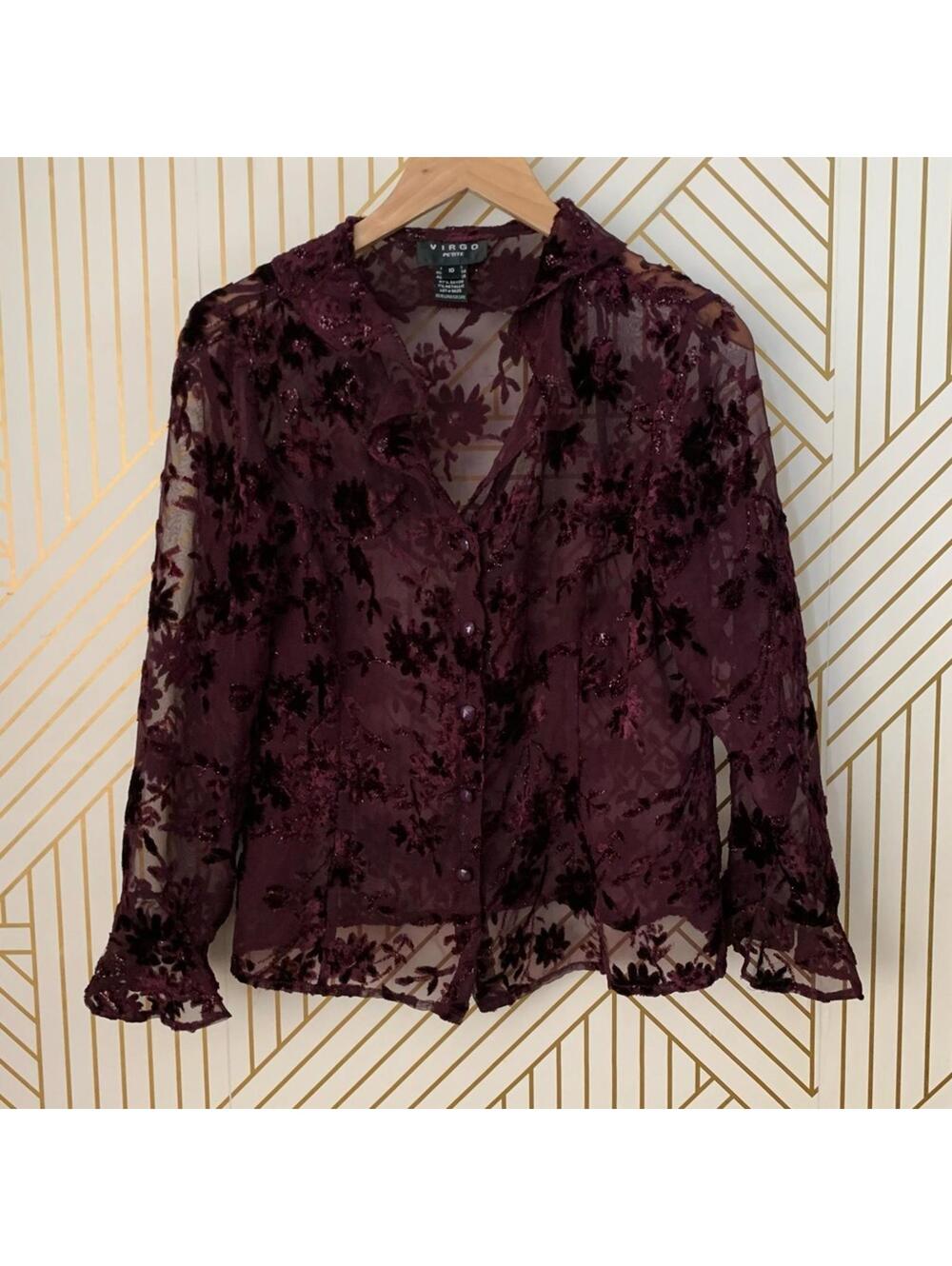 Virgo Y2K floral velvet & chiffon blouse ruffle hem bell sleeves semi sheer 10P
